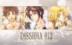  3boys ascot bartz_klauser blonde_hair blue_eyes brown_hair circlet closed_mouth commentary_request dissidia_final_fantasy earrings final_fantasy final_fantasy_ix final_fantasy_v final_fantasy_viii jewelry looking_at_viewer male_focus medium_hair multiple_boys necklace open_mouth shijou_satori shirt short_hair smile squall_leonhart upper_body white_ascot white_shirt zidane_tribal 