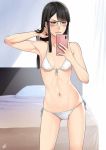  1girl bikini black_hair blush brown_eyes eizouken_ni_wa_te_wo_dasu_na! glasses kanamori_sayaka long_hair self_shot swimsuit tagme white_bikini xtermination 