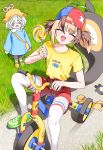  2girls aged_down alienposting_(meme) alternate_costume among_us arms_at_sides blonde_hair blue_hat blue_shirt braid brown_hair candy cecilia_immergreen censored character_print closed_eyes commentary_request crewmate_(among_us) crocs cyan_(horse_race_tests) day doll english_commentary facing_ahead fang food gigi_murin grass green_eyes green_hair green_shoes grem_(gigi_murin) gurumie hair_between_eyes hair_ornament hand_up hat highres holding holding_candy holding_food holding_lollipop hololive hololive_english horse_race_tests jovial_merryment kindergarten_uniform large_tail lollipop long_sleeves looking_at_another medium_hair meme minion_(despicable_me) minions_(movie) mosaic_censoring multicolored_hair multicolored_hat multiple_girls open_mouth outdoors print_shirt propeller_hat red_hat red_shorts riding_tricycle school_hat shirt shirt_tucked_in shoes short_sleeves short_twintails shorts smile solid_circle_eyes standing streaked_hair superstitional_realism swirl_lollipop tail thighhighs twintails two-tone_hair ugandan_knuckles virtual_youtuber white_hair white_thighhighs winding_key yellow_bag yellow_hat yellow_shirt 