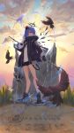  1girl absurdres arknights artist_request bare_legs bird black_sash black_shorts blue_hair coat eagle energy_wings fur-trimmed_coat fur-trimmed_hood fur-trimmed_jacket fur_trim gloves grey_gloves halo highres horns jacket mismatched_gloves mostima_(arknights) overcast shorts water 