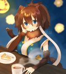  1girl blue_eyes blue_shirt brown_hair cake coffee commentary_request detached_sleeves eyebrows_visible_through_hair food fur_collar ichi001 kemono_friends long_hair looking_at_viewer mammoth_(kemono_friends) mammoth_ears mammoth_tail shirt sitting smile solo 