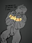  2019 anthro balls biceps dialogue dinosaur english_text erection genitals handcuffs humanoid_genitalia humanoid_penis looking_at_viewer male muscular muscular_male nipples nude pecs penis reptile restrained scalie shackles solo submissive submissive_male tagg text tofuxal 