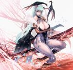  1girl animal_print bare_shoulders bat_print bat_wings blue_butterfly breasts bridal_gauntlets bug butterfly cleavage clothing_cutout darkstalkers demon_girl finger_to_mouth full_body green_hair head_wings heart_cutout high_heels highleg highleg_leotard highres holding index_finger_raised large_breasts leotard lips long_hair looking_at_viewer low_wings maeshima_shigeki missing_commentary morrigan_aensland pantyhose print_pantyhose purple_pantyhose purple_wings revision solo very_long_hair wings 