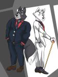  2020 3:4 adastra amicus_(adastra) anthro biceps biped black_body black_fur blue_eyes bottomwear brother brothers bulge cane canid canine canis cassius_(adastra) clothed clothing countershading digital_media_(artwork) duo family footwear fur grey_body grey_fur hands_in_pockets hi_res legwear looking_away male mammal multicolored_body multicolored_fur musclegut muscular muscular_male necktie pecs piercing pockets red_eyes serious shoes sibling simple_background socks suit two_tone_body two_tone_fur white_background white_body white_fur wildhelios wolf 