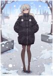  1girl :o anastasia_(idolmaster) averting_eyes black_coat black_shoes blush brown_thighhighs coat commentary english_commentary fanbox_username full_body fur-trimmed_hood fur_trim grey_hair hands_in_pockets high_heels hood hooded_coat idolmaster idolmaster_cinderella_girls outdoors padded_coat people pom_pom_(clothes) shoes short_hair snow snowing solo_focus thighhighs virus-g 