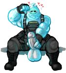  &lt;3 2020 anothermeekone balls big_balls big_muscles big_penis blue_body blush bodily_fluids boots bottomwear clothing epic_games erection fingerless_gloves footwear fortnite genitals gloves goo_creature handwear hi_res holding_penis huge_balls huge_muscles huge_penis humanoid humanoid_genitalia humanoid_penis male muscular muscular_male not_furry pants penis rippley simple_background sitting smile solo sweat video_games white_background 