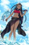  1girl absurdres alternate_costume bikini black_hair black_sarong blue_eyes blue_hair breasts crop_top dark-skinned_female dark_skin earrings finizen hair_bun highres hoop_earrings jewelry long_hair looking_at_viewer multicolored_hair navel necklace nessa_(pokemon) palafin palafin_(zero) pokemon pokemon:_twilight_wings pokemon_(creature) pokemon_swsh red_bikini ryairyai sarong single_hair_bun smile solo swimsuit two-tone_hair 