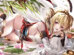  1girl :d andira_(granblue_fantasy) animal_ears bangs bare_shoulders blonde_hair circlet commentary_request detached_sleeves erune fang flower granblue_fantasy hagoromo hair_between_eyes hinahino lily_pad looking_at_viewer lotus lying monkey_ears monkey_girl monkey_tail on_side open_mouth red_eyes shawl skin_fang smile solo tail thighhighs two_side_up water_drop wide_sleeves 