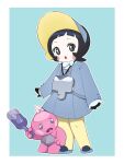  1girl :o black_eyes black_gloves black_hair blush_stickers border commentary_request dress eyelashes garibo gloves grey_dress grey_jacket grey_pupils grey_shoes highres jacket long_sleeves medium_hair open_mouth outline pantyhose pleated_dress pokemon pokemon_(creature) pokemon_sv poppy_(pokemon) shoes standing tinkatink white_border yellow_pantyhose 