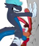 anthro balls big_penis black_body black_scales blep broken_wall brown_hair clenched_teeth clothing duo eyes_closed face_fucking fellatio genitals gloves hair half-moon_glasses handwear hat headgear headwear hi_res irrumatio kobold lagomorph leporid long_ears male male/male mammal meatshaq oral penile penis rabbit red_nose roderick_(tamerkoh) round_nose scales scalie sex shaq_(meatshaq) shirt_tug simple_background tail teeth thick_tail tongue tongue_out toony ventral_scales white_background