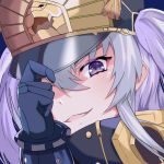  1girl altair_(re:creators) black_gloves blue_eyes blue_ribbon commentary_request fangs gloves hair_ribbon hat looking_at_viewer military_hat open_mouth portrait re:creators ribbon shi_yiyiyi silver_hair solo twintails 