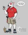 anthro beverage black_clothing black_footwear black_nose black_shoes black_sneakers bottomwear breasts bull_terrier bullseye canid canine canis cargo_shorts cigarette claws clothing collared_shirt complaining container cup digital_media_(artwork) disposable_cup domestic_dog drinking_straw english_text exhaling_smoke eyebrow_piercing facial_piercing female footwear grey_background gun hand_in_pocket holding_cigarette holding_object hunting_dog iced_coffee jeepers-sheepers mammal medium_breasts name_tag pawpads piercing pockets ranged_weapon red_clothing red_shirt red_topwear shirt shoelaces shoelaces_untied shoes shorts simple_background smoking sneakers solo speech_bubble tail target_corporation terrier text topwear weapon white_body