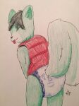 abuniverse anthro astral_11 bent_over big_tail black_hair blep clothed clothing colored_pencil_(artwork) cushies cushies_(diaper) diaper diaper_fetish domestic_cat eyes_closed felid feline felis fur green_body green_fur hair hi_res hybrid looking_back male mammal mephitid puffer_vest remy_(jeremiahs) skunk slightly_chubby solo tail tongue tongue_out topwear traditional_media_(artwork) vest wearing_diaper