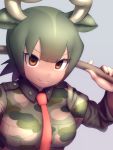  &gt;:) 1girl absurdres animal_ears aurochs_(kemono_friends) bangs breast_pocket brown_eyes brown_hair camouflage camouflage_shirt closed_mouth collared_shirt commentary_request cow_ears cow_horns dark_skin empty_eyes eyebrows_visible_through_hair green_hair hand_up highres holding holding_weapon horizontal_pupils horns kemono_friends long_sleeves looking_at_viewer medium_hair multicolored_hair necktie okome_kogashi parted_bangs pocket red_neckwear shirt short_over_long_sleeves short_sleeves solo v-shaped_eyebrows weapon wing_collar 