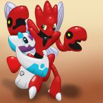  absurd_res animate_inanimate balloon-quilava digital_media_(artwork) feral froslass hexatoy hi_res hug inflatable living_inflatable nintendo pok&eacute;mon pok&eacute;mon_(species) pool_toy scizor simple_background video_games yellow_eyes 