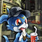  1:1 2020 4_fingers beverage blue_body building city claws clothing cola dessert digimon digimon_(species) eating fingers food hat headgear headwear ice_cream kloa_(artist) male markings open_mouth red_eyes reptile scalie solo traffic_signals veemon 