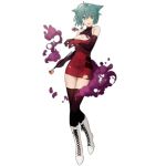  1girl alternate_costume animal_ears boots cat_ears cosplay costume_switch crossover dress girls_frontline green_eyes green_hair nin official_art pipe red_dress sei_asagiri solo surprised thighhighs torn_clothes transparent_background va-11_hall-a 