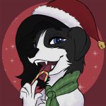  2019 5_fingers anthro bedroom_eyes biped black_hair black_nose border_collie candy candy_cane canid canine canis christmas clothing collie digital_media_(artwork) domestic_dog eyebrows eyelashes fangs fingers food front_view fur hair hat headgear headshot_portrait headwear herding_dog holidays humanoid_hands katlin katlin_perkins licking long_hair looking_at_viewer mammal narrowed_eyes open_mouth pastoral_dog portrait santa_hat scarf seductive sheepdog teeth tongue tongue_out white_body white_fur 