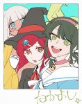  3girls absurdres aqua_background bell bikini black_hair black_hat black_jacket blue_eyes blunt_bangs bow bowtie chabashira_tenko choker collared_jacket collared_shirt commentary_request danganronpa_(series) danganronpa_v3:_killing_harmony dark-skinned_female dark_skin eyelashes fake_photograph ganguro gem_hair_ornament green_eyes gyaru hair_ornament hair_ribbon hairband happy hat hat_belt highres jacket long_hair looking_at_viewer mole mole_under_mouth multiple_girls neck_bell open_mouth pink_choker pink_hairband raincoat red_eyes red_hair ribbon sailor_collar school_uniform shirt short_hair simple_background smile suika_(494799937) swimsuit twintails white_bow white_bowtie white_hair witch_hat yellow_raincoat yonaga_angie yumeno_himiko 