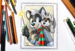 2021 anthro art_(pandapaco) bottomwear candle candlelight candlestick cheek_tuft clothed clothing dipstick_tail duo eyewear facial_tuft fully_clothed gloves_(marking) group happy head_tuft light male male/male mammal markings multicolored_tail pandapaco pants procyonid raccoon rocky_(pandapaco) scarf shirt signature simple_background smile smiley_face tail tail_markings topwear traditional_media_(artwork) tuft