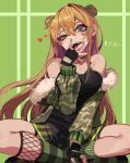  1girl absurdres bangs bare_shoulders bow breasts character_name choker crazy_eyes da_(dsasd751) double_bun eyebrows_behind_hair eyeliner eyeshadow fangs fingerless_gloves fur_trim girls_frontline gloves green_background green_bow green_eyes green_nails hair_between_eyes hair_bow hand_to_own_mouth heart heart_tattoo highres indian_style light_brown_hair long_hair long_sleeves looking_at_viewer makeup mascara medium_breasts off_shoulder open_mouth rfb_(girls_frontline) shoes sitting skirt socks solo tank_top tattoo thigh_strap tongue tongue_out uneven_eyes 