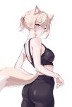  1girl alternate_costume animal_ear_fluff animal_ears artist_name black_pants blue_eyes bra breasts brown_fur brown_hair dog_ears dog_girl dog_tail hair_tie highres hololive hololive_english long_hair looking_back medium_breasts meichan mococo_abyssgard multicolored_hair pants parted_lips pink_hair pink_nails ponytail sidelocks simple_background solo standing streaked_hair sweat tail training_bra underwear virtual_youtuber white_background 