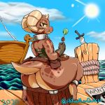  1:1 arkanman big_butt boat bottomless butt clothed clothing collar eating female food hi_res horn huge_butt kobold looking_at_viewer looking_back piko port scalie sea short_stack sitting solo vehicle water watercraft weapon 
