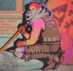  1boy artist_name belt black_boots black_pants black_vest boots bracelet brick_wall charlotte_katakuri commentary covered_mouth gloves graffiti highres holding holding_weapon jewelry kneeling looking_to_the_side male_focus mewiyev one_piece pants pink_eyes pink_hair red_gloves scar scar_on_cheek scar_on_face short_hair sideburns sideways_glance sleeveless solo spiked_bracelet spikes spurs very_short_hair vest weapon 