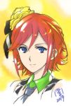  1girl 2019 blue_eyes eyelashes flower hair_between_eyes hair_flower hair_ornament half_updo kaname_buccaneer looking_at_viewer macross macross_delta marufuji_hirotaka necktie portrait red_hair short_hair smile solo 