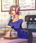  1girl bare_shoulders belt_buckle black_shirt blonde_hair blue_hair blue_lips blue_shirt bra_strap breasts buckle cafe character_request cleavage coffee_maker commentary cookie copyright_request cowboy_shot croissant english_commentary eyebrows_hidden_by_hair floral_print food framedodge hair_between_eyes hair_over_shoulder hand_on_own_cheek hand_on_own_face jewelry leaning_forward leaning_on_object long_hair looking_at_viewer medium_breasts menu_board muffin multicolored_hair necklace off-shoulder_shirt off_shoulder parted_bangs piercing ponytail purple_hair shirt sidelocks solo two-tone_shirt 