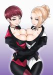  2girls anagumasan blonde_hair breast_press breasts cleavage earrings hair_bun hand_on_another&#039;s_hip highres jewelry looking_at_viewer mature_(kof) multiple_girls red_hair short_hair the_king_of_fighters vice 