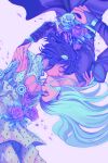  2boys absurdres black_hair blue_theme bridal_gauntlets bruno_bucciarati closed_eyes clothing_cutout flower hair_ornament hairclip highres jojo_no_kimyou_na_bouken kiss leone_abbacchio long_hair makeup male_focus medium_hair multiple_boys nail_polish nolvini pectoral_cleavage pectorals petals rose upside-down vento_aureo yaoi 