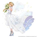  1girl blonde_hair blue_eyes bouquet bridal_gauntlets bride company_name dress flower full_body head_wreath high_heels holding holding_flower medium_hair official_art silver_footwear solo standing veil watermark white_background white_dress yuu_(higashi_no_penguin) 