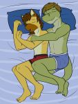  3:4 alligator alligatorid anthro boxer_briefs clothed clothing crocodilian duo fuze fuzeyeen gabriel_(fuze) hi_res hyaenid lying male male/male mammal navel on_side reptile romantic_ambiance scalie sleeping spooning spotted_hyena topless underwear underwear_only 