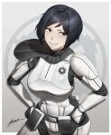  1girl ammunition_pouch armor black_eyes black_hair emblem galactic_empire_(star_wars) grey_background grin hands_on_own_hips highres pouch power_armor short_hair shoulder_pads signature single_shoulder_pad smile solo star_wars stormtrooper third-party_source zxpfer 
