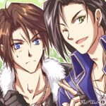  2boys black_hair black_jacket blue_eyes blue_jacket blush brown_hair commentary_request dissidia_final_fantasy dutch_angle earrings final_fantasy final_fantasy_viii fur_collar green_background green_eyes jacket jewelry laguna_loire looking_at_another looking_at_viewer looking_to_the_side lowres male_focus multiple_boys open_mouth shijou_satori short_hair smile squall_leonhart upper_body 