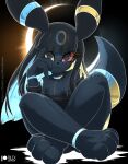 anthro black_body black_fur blue_markings canid canine clothed clothing eeveelution female fur generation_2_pokemon hair heterochromia hi_res mammal markings nintendo pokemon pokemon_(species) red_sclera rilex_lenov shiny_pokemon simple_background solo tail umbreon yellow_markings yellow_sclera
