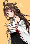  1girl ahoge black_skirt brown_hair commentary_request detached_sleeves double_bun grin hairband headgear highres japanese_clothes kantai_collection katsuobushi_(eba_games) kongou_(kantai_collection) long_hair looking_at_viewer pleated_skirt purple_eyes ribbon-trimmed_sleeves ribbon_trim simple_background skirt smile solo v yellow_background 