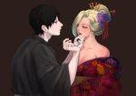 1boy 1girl absurdres applying_makeup bare_shoulders black_hair blonde_hair breasts cleavage collarbone earrings eyeshadow floral_print flower hair_flower hair_ornament hairpin highres japanese_clothes jewelry kimono lipstick makeup naruto_(series) no_bra off_shoulder open_mouth pale_skin sai_(naruto) xmonday_mintx yamanaka_ino 