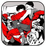  2boys akira_(manga) arm_around_waist bare_shoulders black_hair black_pants boots commentary_request drops_bkr gloves grey_tank_top highres jacket kaneda_shoutarou&#039;s_bike kaneda_shoutarou_(akira) male_focus motor_vehicle motorcycle multiple_boys on_motorcycle pants red_eyes red_gloves red_jacket red_pants shima_tetsuo shoes short_hair sleeves_rolled_up tank_top 