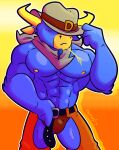 abs anthro biceps blue_body blue_fur bulge chaps clothed clothing cowboy_hat digital_media_(artwork) fizzyjay fur hat headgear headwear hi_res horn male mammal muscular muscular_anthro muscular_male nipples simple_background solo the_dakota_dude underwear wild_west_c.o.w.-boys_of_moo_mesa