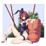  1girl absurdres animal_ears armpits bangs bare_shoulders bow bowtie breasts bunny_ears bunny_tail bunnysuit bush chirang cleavage closed_mouth covered_navel cup detached_collar drinking_glass fate/grand_order fate_(series) gae_bolg hair_between_eyes high_heels highres knee_up large_breasts leg_garter legs leotard long_hair looking_at_viewer polearm purple_footwear purple_hair purple_leotard red_eyes scathach_(fate)_(all) scathach_(fate/grand_order) sitting smile solo spear tail weapon wrist_cuffs 