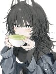 1girl animal_ears black_shirt blue_jacket blunt_bangs buttons commentary cup denim denim_jacket drinking eyelashes frilled_sleeves frills green_tea hair_between_eyes highres holding holding_cup jacket jacket_partially_removed layered_sleeves leaning_forward light_blush long_sleeves notice_lines original shirt simple_background sleeves_past_wrists solo symbol-only_commentary takaya_riku tea teacup upper_body white_background white_eyes wolf_ears 