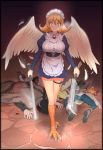  1girl 1other 3boys angel angel_wings apron bangs bird_legs black_border black_hair blonde_hair blood bloody_weapon blue_pants blush border breasts broken_halo brown_footwear cape crimvael dress elf eyebrows_visible_through_hair face_down feathered_wings feathers flipped_hair frilled_apron frills full_body gem glowing glowing_eyes hair_between_eyes halfling harpy heavy_breathing highres holding holding_sword holding_weapon ishuzoku_reviewers juliet_sleeves kanchal large_breasts long_sleeves looking_at_viewer lying maid_headdress meidri metal_baseball_bat monster_girl multiple_boys on_back open_mouth orange_hair pants pointy_ears pool_of_blood puffy_sleeves shoes short_hair sonota_taisei standing stone_floor stunk sword thigh_strap thighs weapon white_apron windowboxed wings zel_(ishuzoku_reviewers) 
