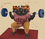 2025 3_heads 5_fingers absurd_res anthro arms_bent artist_logo bangs barbell barbell_piercing barefoot belly bent_legs big_belly big_breasts black_body black_fur black_nose blue_eyes bottomwear breasts breath canid canid_demon canine cerbelle_trimaktikos cerberus claws closed_smile clothed clothed_anthro clothed_female clothing colored crouching demon digital_drawing_(artwork) digital_media_(artwork) european_mythology exercise eyebrows facial_scar fangs feet female female_anthro finger_claws fingers floor_mat fluffy_arms fully_clothed fully_clothed_anthro fully_clothed_female fur greek_mythology hair hair_bun hand_pawpads hellhound hi_res holding_barbell light lighting lips logo long_hair lyrics mammal mayternity mayternity_2025 mouth_closed multi_head muscular muscular_anthro muscular_female musical_note musical_symbol mythological_canine mythological_creature mythology navel_outline notched_ear open_mouth orange_bottomwear orange_claws orange_clothing orange_eyebrows orange_pants orange_pawpads panting pants pawpads piercing pink_scar pink_tongue ponytail pregnant pregnant_anthro pregnant_female red_clothing red_lips red_shirt red_t-shirt red_topwear scar shaded shirt short_hair simple_background skywater smile solo symbol t-shirt teeth text_on_t-shirt thick_thighs toe_claws tongue topwear wavy_hair weightlifting whiskers workout yellow_background
