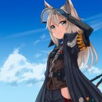  1girl ame. animal_ears arknights arm_up armband bangs black_coat black_pants blue_eyes blue_gloves blue_sky brown_shirt closed_mouth cloud coat commentary_request day elbow_gloves eyebrows_visible_through_hair gloves grani_(arknights) grey_hair hair_between_eyes highres long_hair looking_away open_clothes open_coat outdoors pants shirt short_sleeves sky smile solo very_long_hair visor wide_sleeves 
