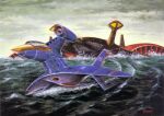  1970s_(style) 1980s_(style) aircraft airplane cloud cloudy_sky gundam highres machinery mad_angler-class military_vehicle mobile_suit_gundam no_humans ocean official_art ookawara_kunio painting_(medium) production_art promotional_art realistic retro_artstyle science_fiction sealance seaplane ship signature sky submarine traditional_media watercraft zeon 