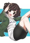  1girl :d akiyama_yukari bangs black_skirt blue_background brown_eyes brown_hair casual champion_(company) collaboration commentary_request drawstring excel_(shena) eyebrows_visible_through_hair floating girls_und_panzer green_jacket highres hood hood_down hoodie jacket leg_up letterboxed logo long_sleeves looking_at_viewer medium_skirt messy_hair open_clothes open_jacket open_mouth outline ruruepa shirt short_hair skirt smile solo white_outline white_shirt zipper 