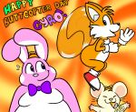 anthro black_nose blue_eyes bodily_fluids bow_tie canid canine clothing comlex_background cricetid english_text eyes_closed footwear fox fur gloves green_text group hamster handwear lagomorph leporid male mammal miles_prower moobs nishi_oxnard orange_background orange_body orange_fur orange_text overweight overweight_male oxynard pink_nose pink_rabbit pink_text purple_bow_tie purple_eyes rabbit red_clothing red_footwear red_shoes rodent sega shoes simple_background smile socks sonic_the_hedgehog_(series) sweat tan_body tan_fur text trio twirling_tails whiskers white_body white_clothing white_footwear white_fur white_gloves white_handwear white_socks yellow_background yellow_text