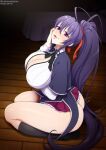  1girl ahoge ass black_hair blush breasts cleavage cleavage_cutout clothing_cutout hair_between_eyes hair_ribbon hand_on_own_cheek hand_on_own_face high_school_dxd himejima_akeno kneeling kuoh_academy_school_uniform large_breasts lips long_hair looking_at_viewer neocoill nipples no_panties on_floor open_mouth patreon_logo patreon_username pleated_skirt ponytail purple_eyes red_ribbon ribbon school_uniform seiza shirt sitting skirt smile socks solo stage_lights thick_thighs thighs very_long_hair 